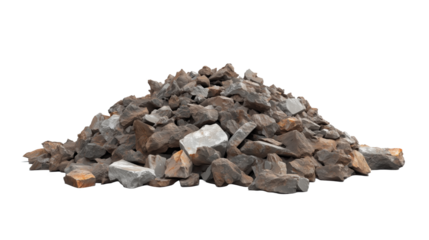 Large pile of broken bricks of different texture and color, construction debris on a transparent background