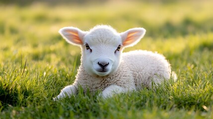 Fototapeta premium Cute fluffy lamb resting in green grass with soft sunlight highlighting its features creating a serene farmland scene : Generative AI