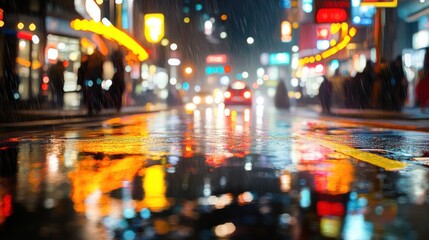 Vibrant city street at night with rain and colorful reflections