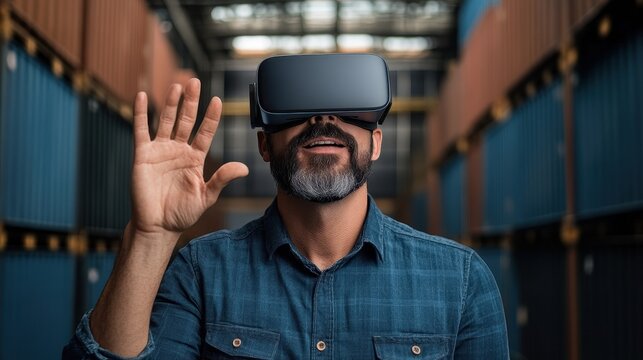 Smart Global Logistics Concept. A man wearing a virtual reality headset raises his hand while smiling in a warehouse filled with shipping containers.