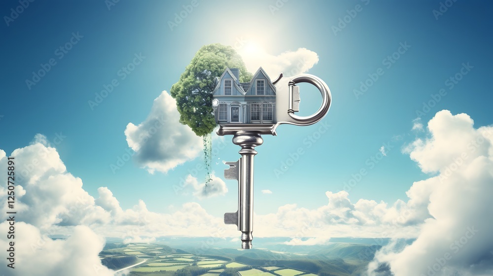 Poster a captivating digital showcasing a house key transforming into a futuristic towering skyscraper crea