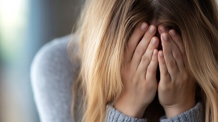 Fototapeta premium Emotional young woman holding her head with hands in distress : Generative AI