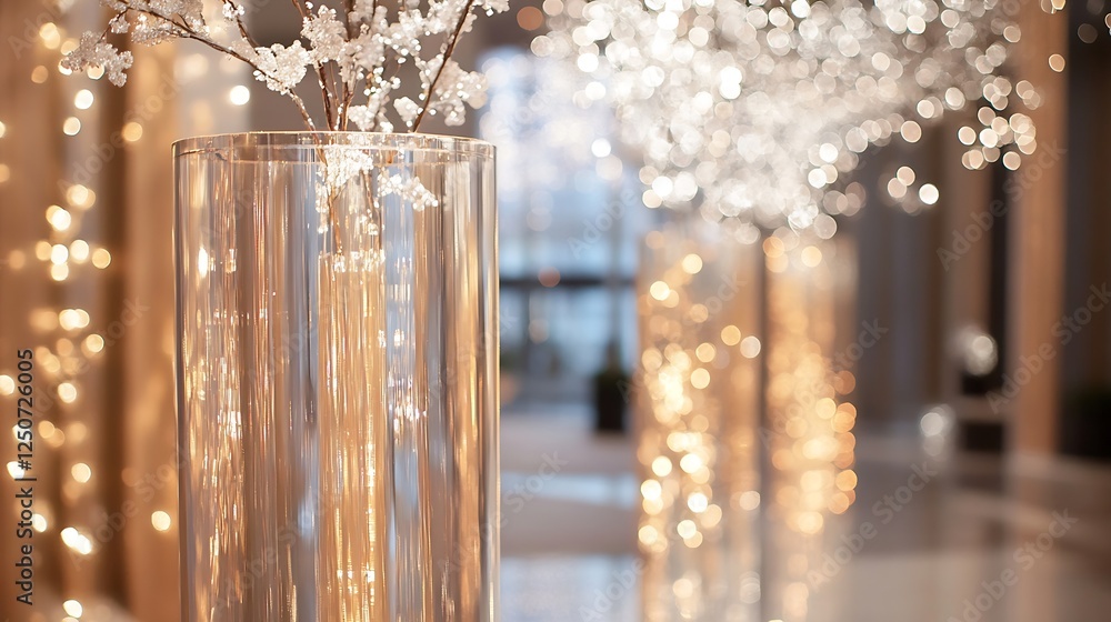 Poster Elegant glass vase with illuminated branches creating a stunning light display in a modern setting : Generative AI
