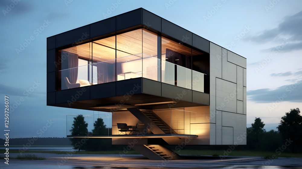 Aufkleber cube shaped house balancing on one point defying gravity with a minimalist and captivating architect