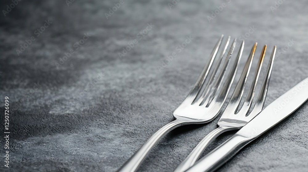 Poster elegantly arranged stainless steel forks and knife on a textured gray table setting : generative ai