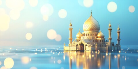 3D rendering of a golden mosque and minarets isolated on a blue background with copy space,