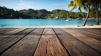 A close-up view of a wooden deck with a tropical beach and turquoise sea in the background, surrounded by lush green hills and palm trees