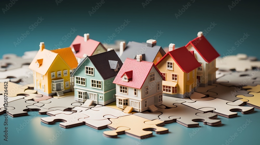 Poster a conceptual depicting a unique residential community where houses are designed in the shape of inte