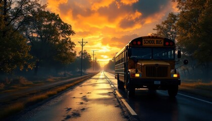 Fototapeta premium School Bus Driving on Road at Sunset with Dramatic Sky