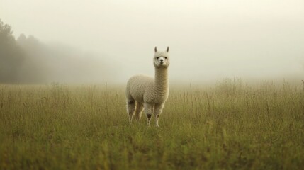 Fototapeta premium Graceful Alpaca Standing Alone in a Misty Meadow at Dawn