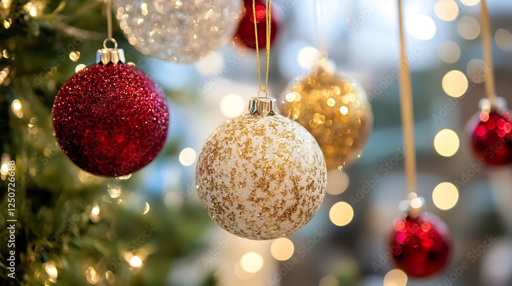Aufkleber vibrant christmas ornaments hanging on a tree sparkling with lights creating a festive holiday mood 