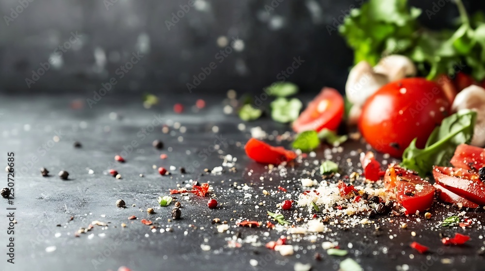Fototapete fresh vegetables and spices scattered on dark surface for a rustic culinary themed design presentati