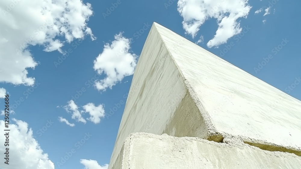 Poster a close-up view of a large, angular concrete structure against a blue sky.