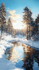 Serene winter landscape snow-covered woodland nature photography tranquil river distant viewpoint peaceful environment
