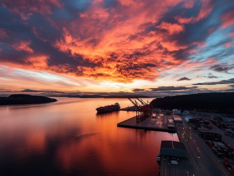 Smart Global Logistics Concept. Stunning sunset over a tranquil harbor, featuring vibrant clouds reflecting on calm waters and silhouetted cranes in the foreground.