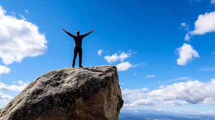 Man Standing on a Large Rock Against a Beautiful Blue Sky with Outstretched Arms : Generative AI