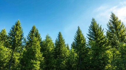 Fototapeta premium Majestic whitecapped evergreens reaching for the clear blue sky winter landscape scene low angle perspective capturing natural beauty