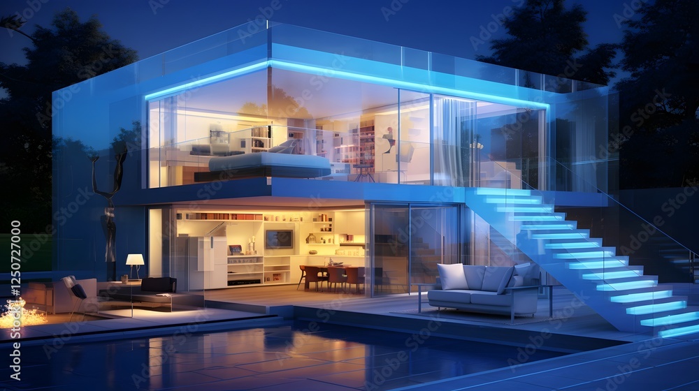 Poster sleek and modern futuristic smart home interface showcasing holographic property details and informa