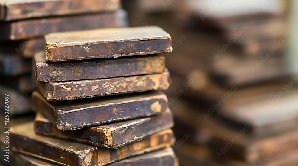 Poster stacked vintage wooden blocks showcasing rich textures and aged details in a natural environment : g
