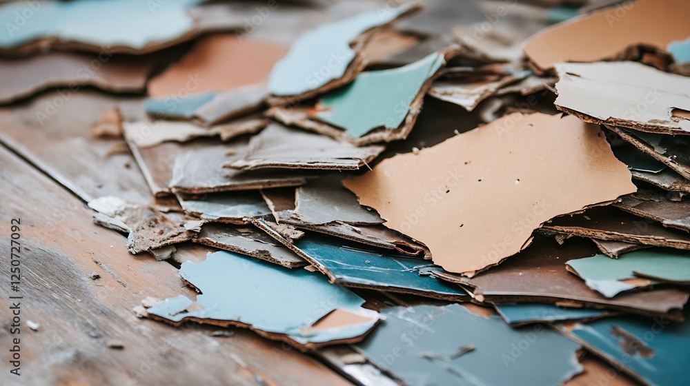 Poster colorful layers of paint chips scattered on weathered wood creating an artistic backdrop : generativ