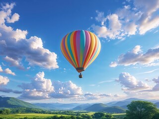 Naklejka premium Hot Air Balloon Over Green Valley Under Blue Sky
