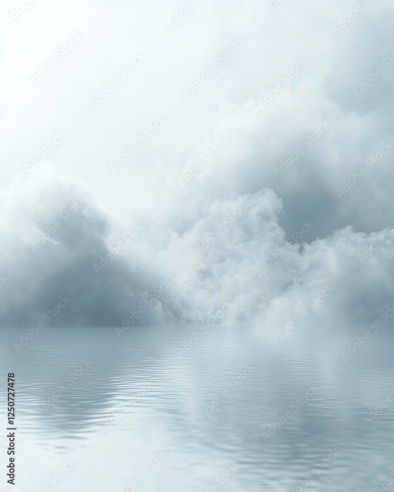 Poster serene water surface with ethereal mist and clouds reflecting on calm surface, spray water drop drop