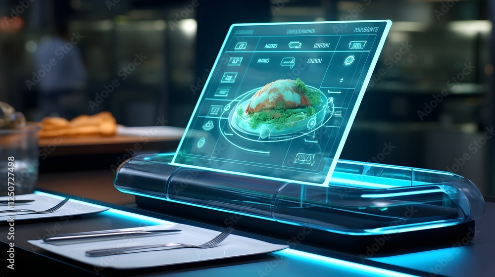 Poster futuristic digital restaurant menu hologram projecting from a smartphone innovative and interactive 