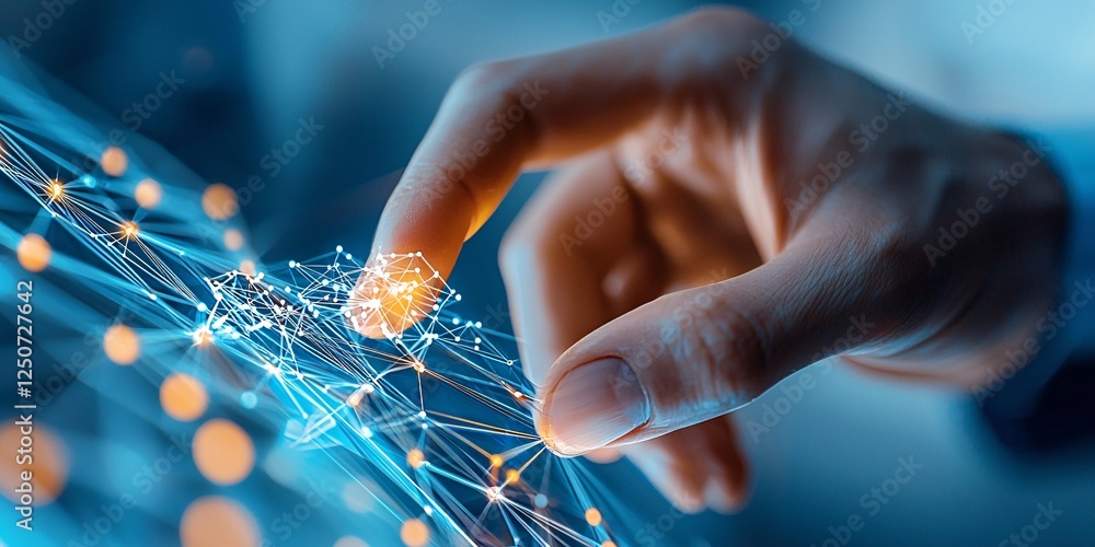 Poster internet of things and industrial automation concept. hand interacting with digital network connecti
