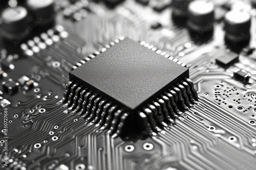 Poster a black computer chip is on a circuit board