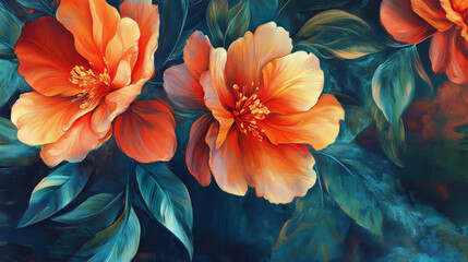 "Botanical Oil Painting with Flower and Leaves on Canvas"