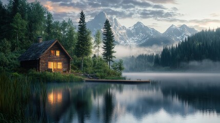 Naklejka premium Log cabin glows warmly by a tranquil lake, set against majestic mountains symbolizing retreat and nature. Ideal for travel, wellness, and home design projects.