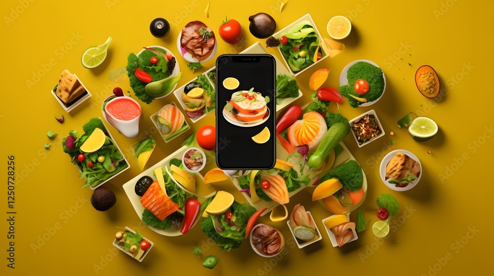 Poster closeup view of a visually appealing food delivery app interface highlighting a variety of nutritiou