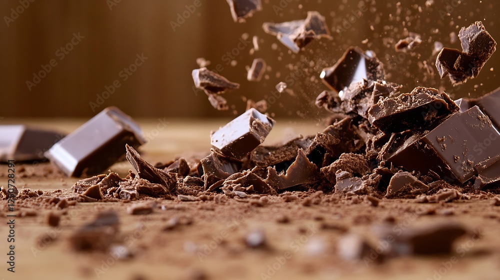 Poster deliciously broken chocolate pieces on a wooden background with cocoa dust : generative ai