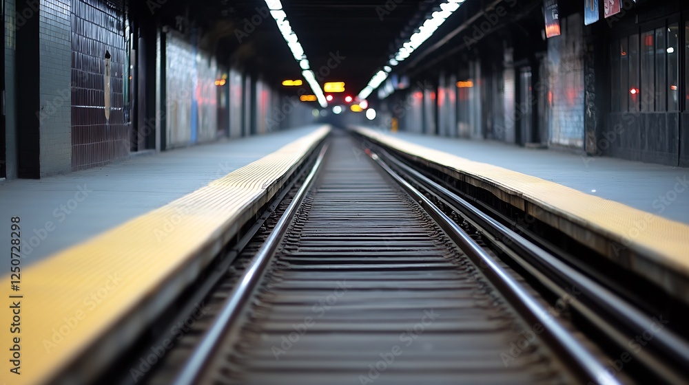 Poster Urban Subway Platform with Empty Tracks and Dim Lights Evoking a Futuristic Mood : Generative AI