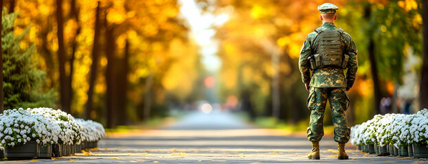 Soldier stands, autumn park, road, memorial