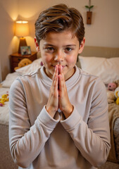 Fototapeta premium Eid al-Adha prayer by child, innocent hands in prayer, warm bedroom setting
