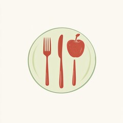 Healthy eating plate with apple, fork, and knife