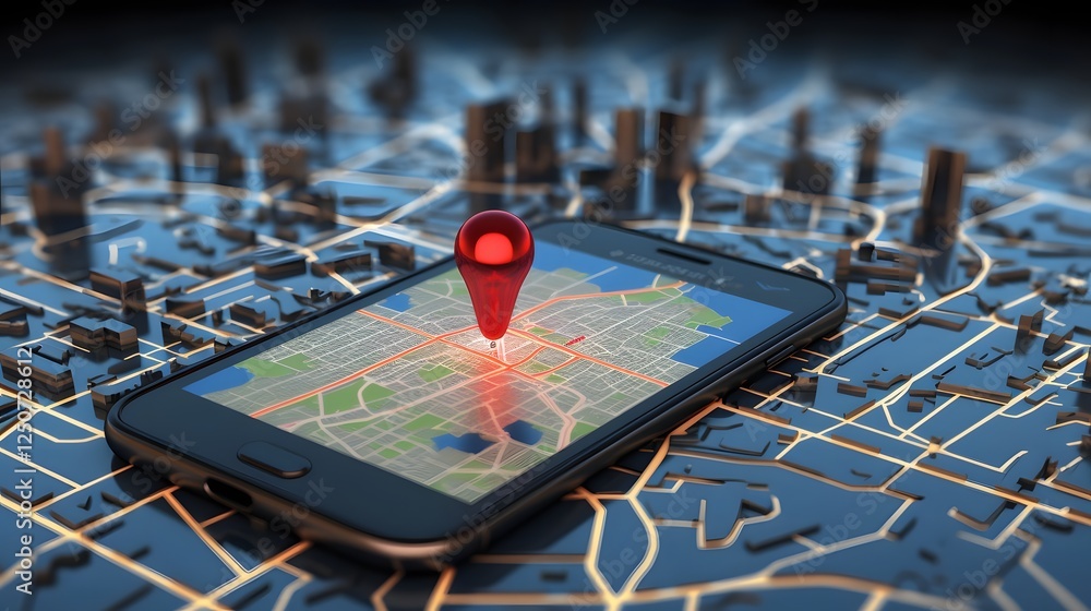 Poster smartphone screen showing a driver s real time location on a digital map with the estimated time of 