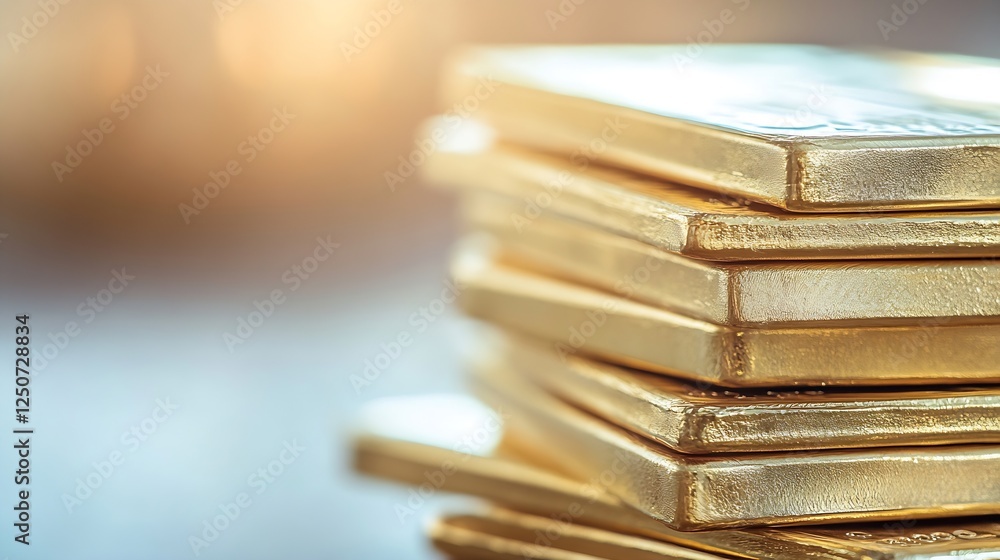 Poster shiny gold bars stacked neatly with a soft glowing background : generative ai