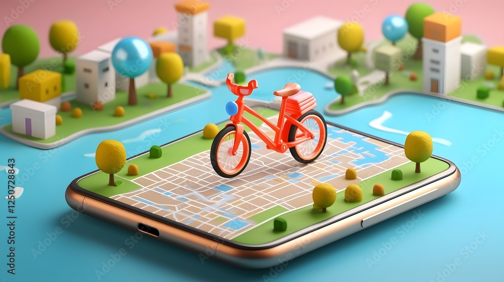 Poster 3d rendered interactive map with a moving delivery bike icon displayed on a smartphone screen showca