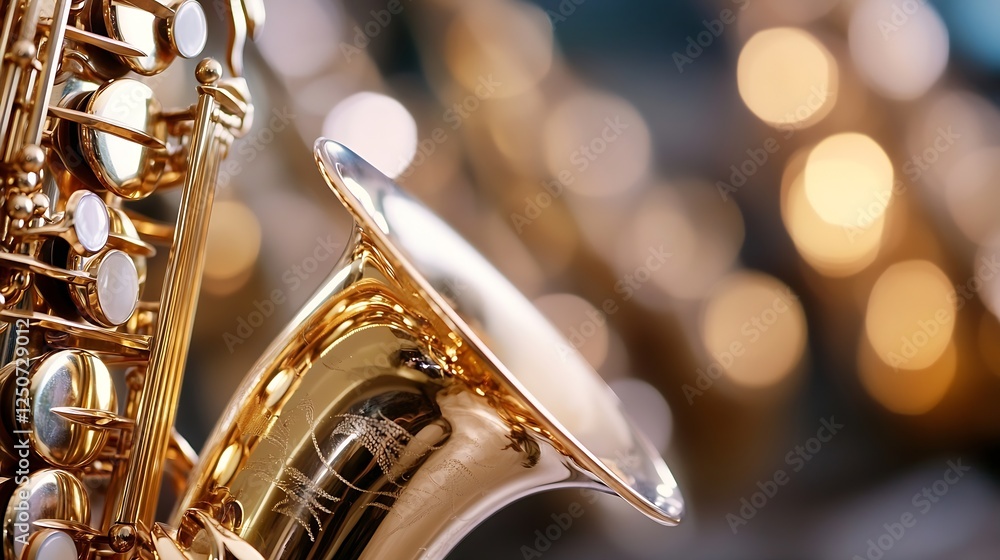 Poster Shiny golden saxophone with an artistic bokeh background highlighting its elegant curves and design : Generative AI