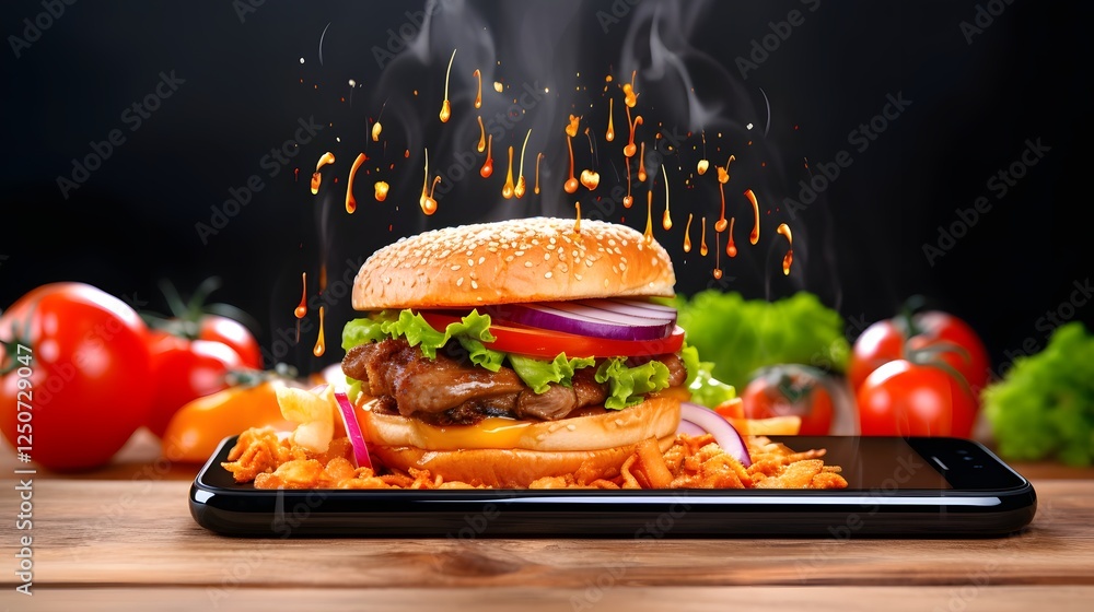 Poster digital notification alert popping up on a smartphone screen with the message your food is on the wa