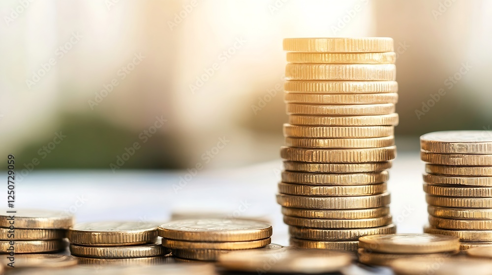 Poster stacks of shiny gold coins representing wealth and investment strategies for financial success : gen