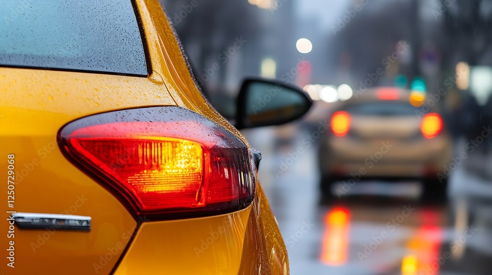Poster Closeup view of a yellow taxi cab with rain droplets and blurred city traffic illuminating the urban scene : Generative AI