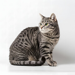 Fototapeta premium Gray Tabby Cat Sitting on White Background Looking Curious