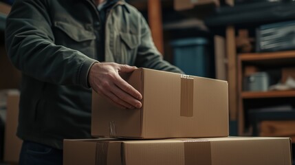 Close-up of a man's hands holding a box packed with duct tape against other boxes in the background of a warehouse