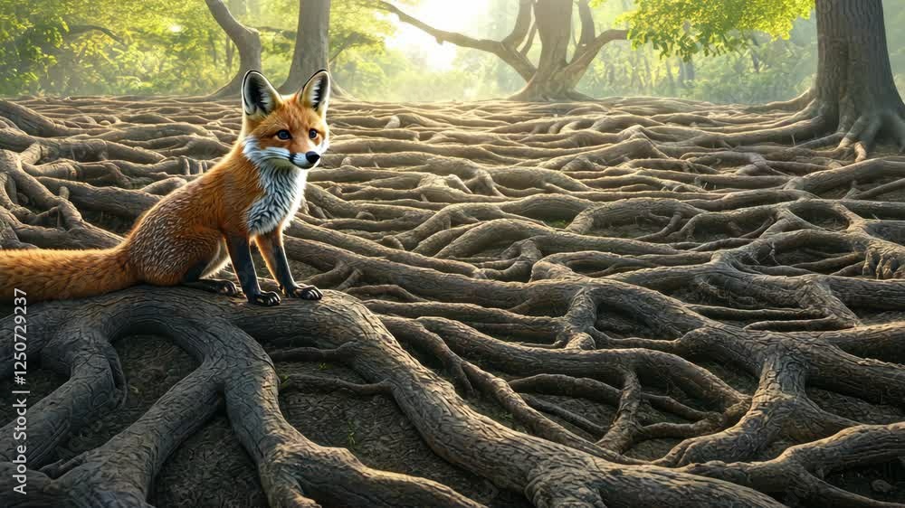 Aufkleber fox standing on intricate tree roots in a serene forest during daylight hours