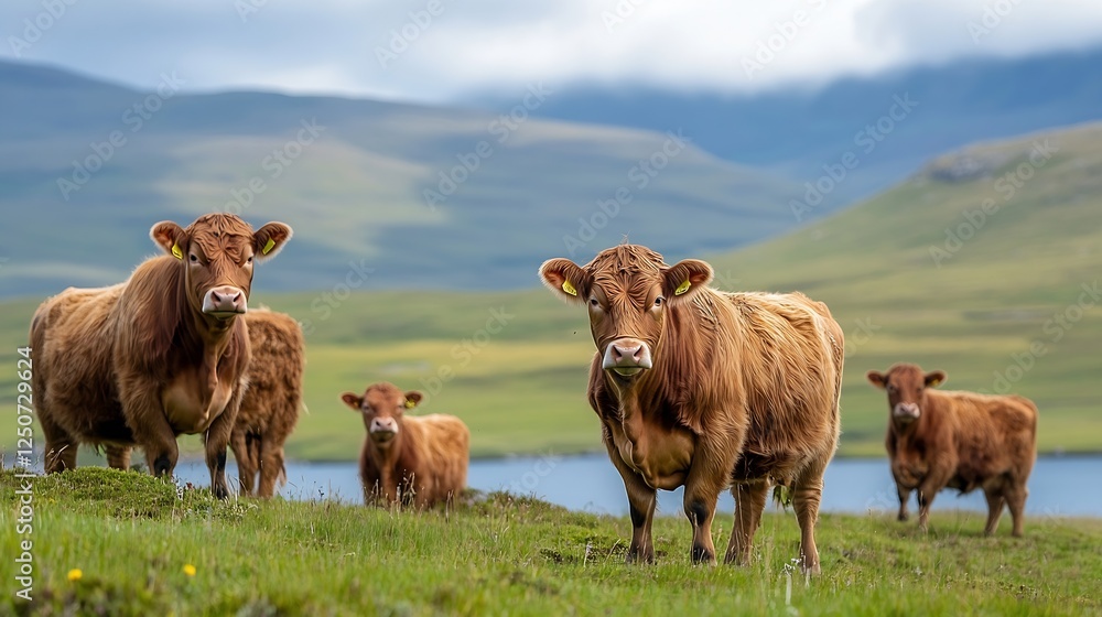Poster curious brown cows grazing in lush green pasture with mountains in the background : generative ai