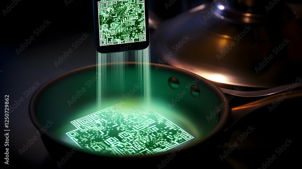 Poster a glowing qr code displayed on a smartphone screen being scanned for a digital food order and paymen