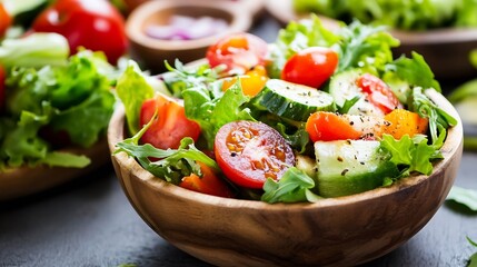 Colorful fresh vegetable salad in a wooden bowl offering healthy dining options for nutritionfocused meals : Generative AI
